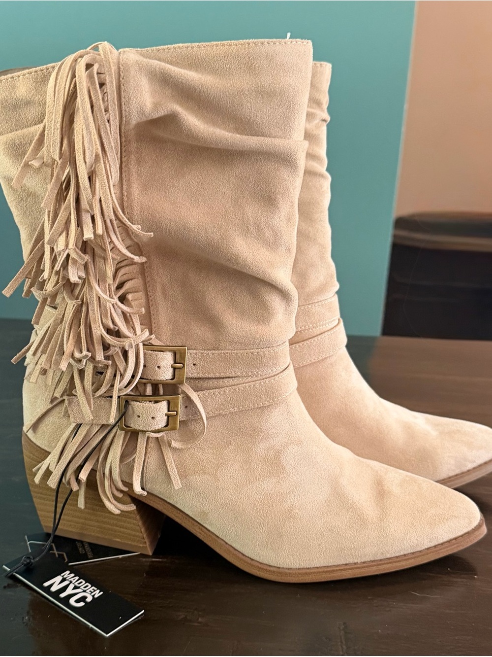 Madden NYC Fringe Suede Ankle Boots in Light Beige